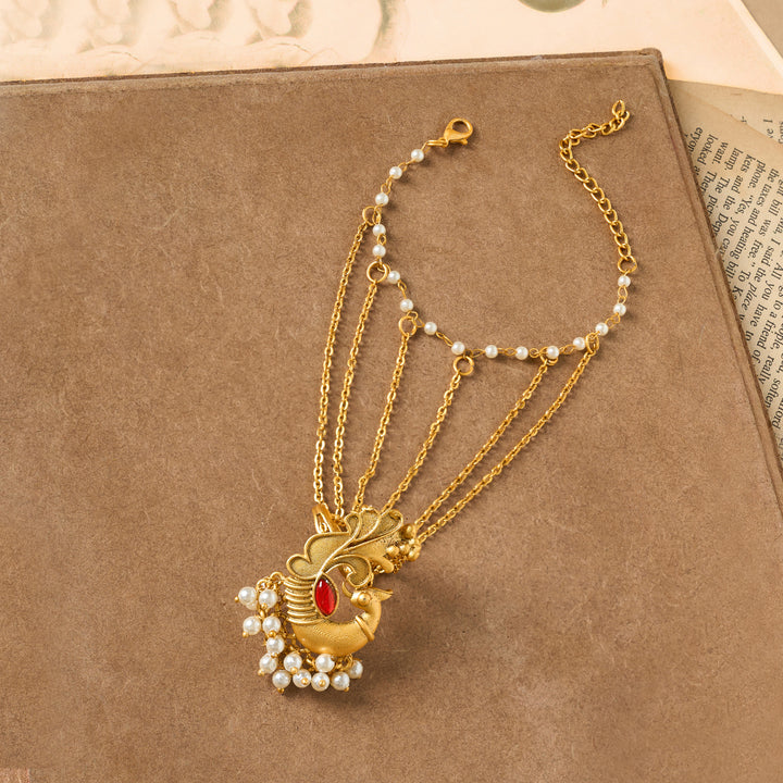 Teejh Tavus Gold Oxidised Peacock Hathphool