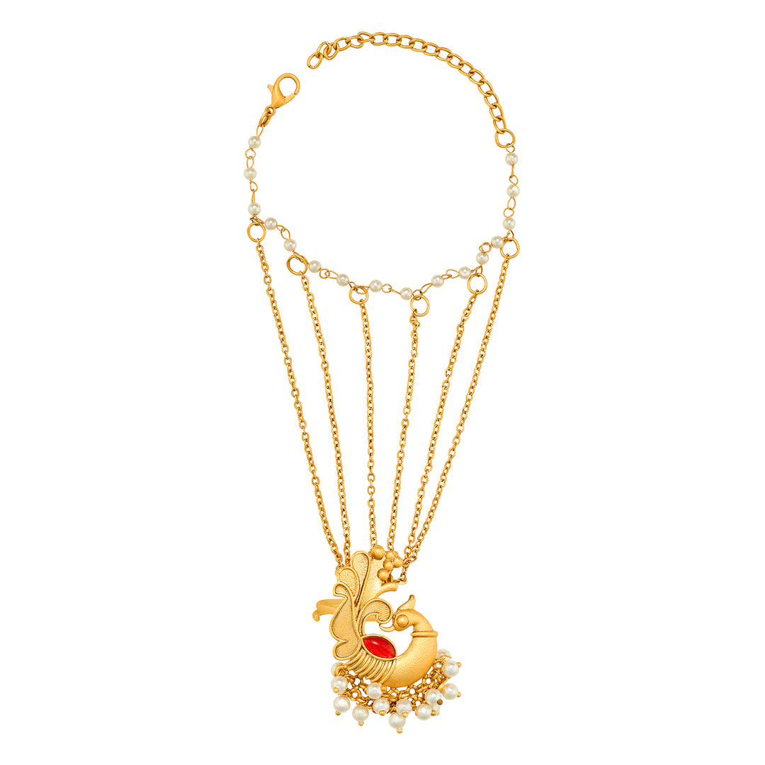 Teejh Tavus Gold Oxidised Peacock Hathphool
