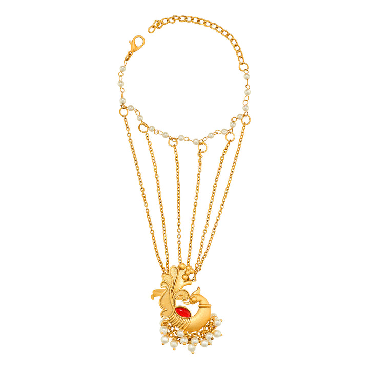 Teejh Tavus Gold Oxidised Peacock Hathphool