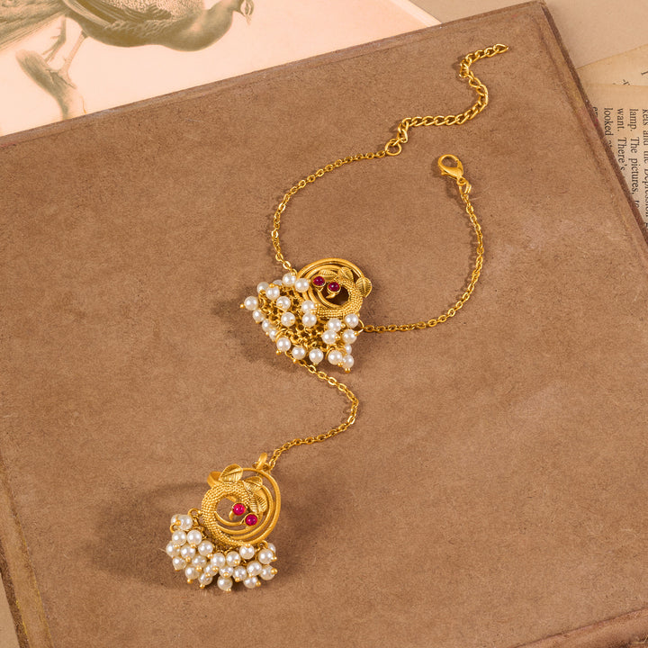 Teejh Rangi Gold Oxidised Peacock Hathphool