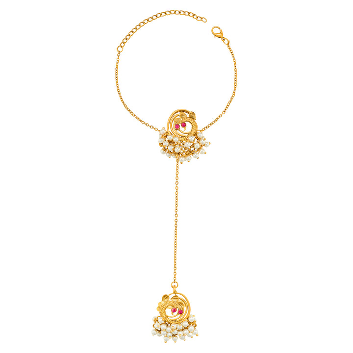 Teejh Rangi Gold Oxidised Peacock Hathphool
