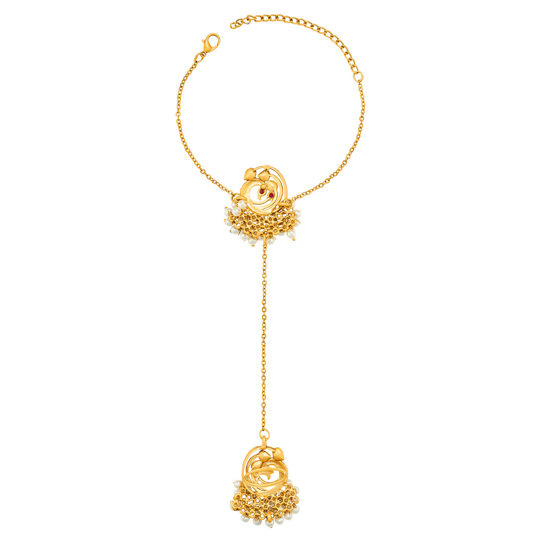 Teejh Rangi Gold Oxidised Peacock Hathphool