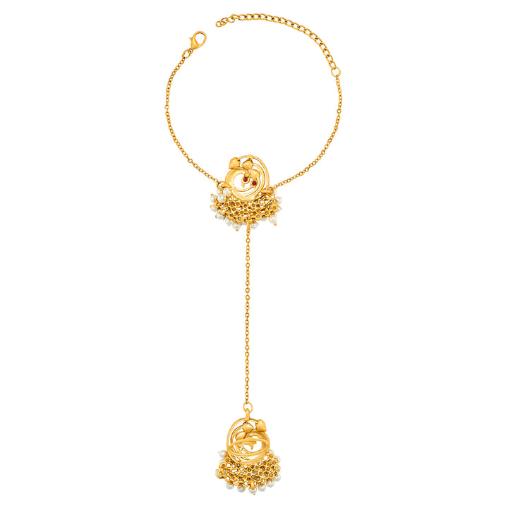 Teejh Rangi Gold Oxidised Peacock Hathphool