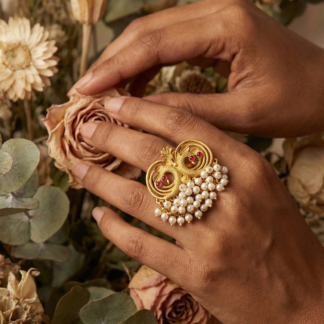 Teejh Plume Gold Oxidised Peacock Ring