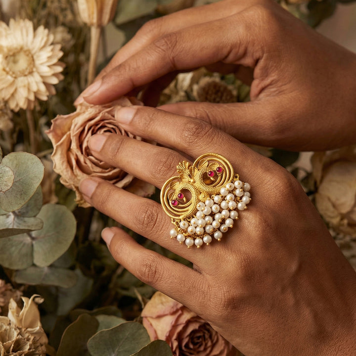 Teejh Plume Gold Oxidised Peacock Ring
