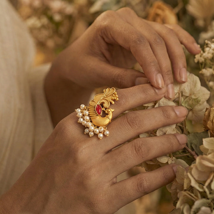 Teejh Nehaya Gold Oxidised Peacock Ring