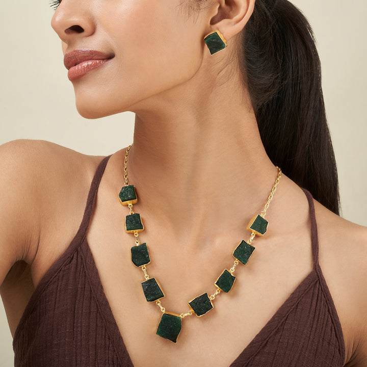Teejh Zaaina Dark Green Natural Stone Necklace Set