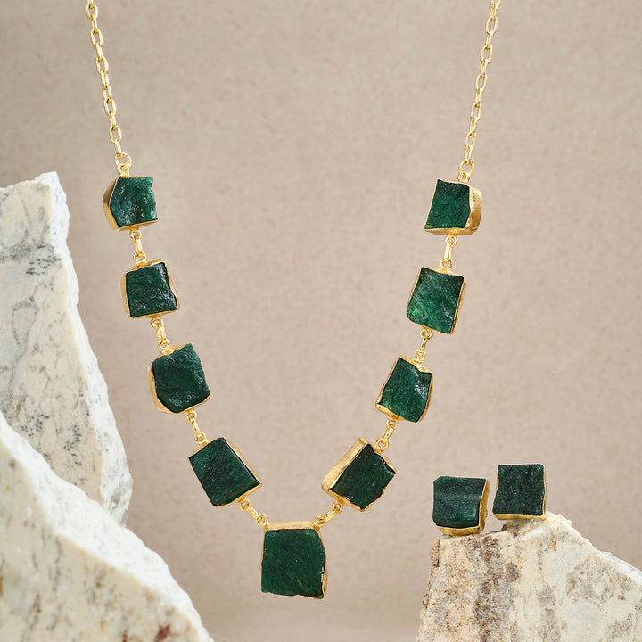 Teejh Zaaina Dark Green Natural Stone Necklace Set