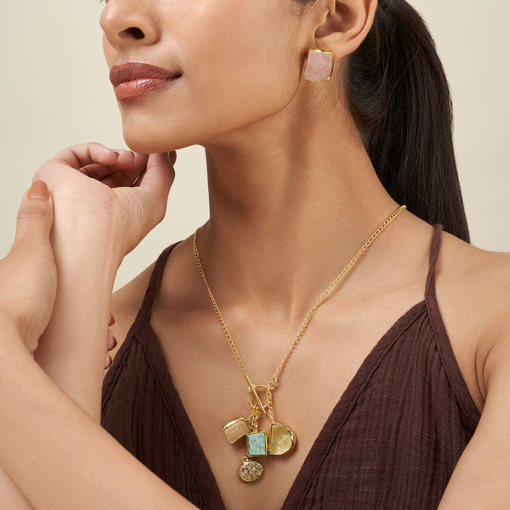 Teejh Zarika Pink,Turquoise and yellow Natural Stone Necklace Set