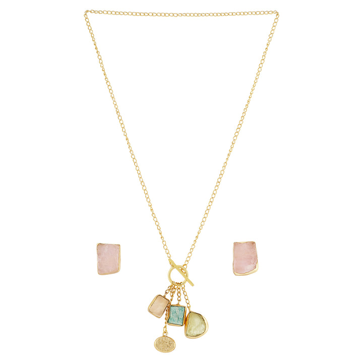 Teejh Zarika Pink,Turquoise and yellow Natural Stone Necklace Set