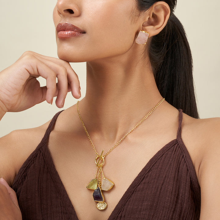 Teejh Zarika Purple,Yellow and Pink Natural Stone Necklace Set