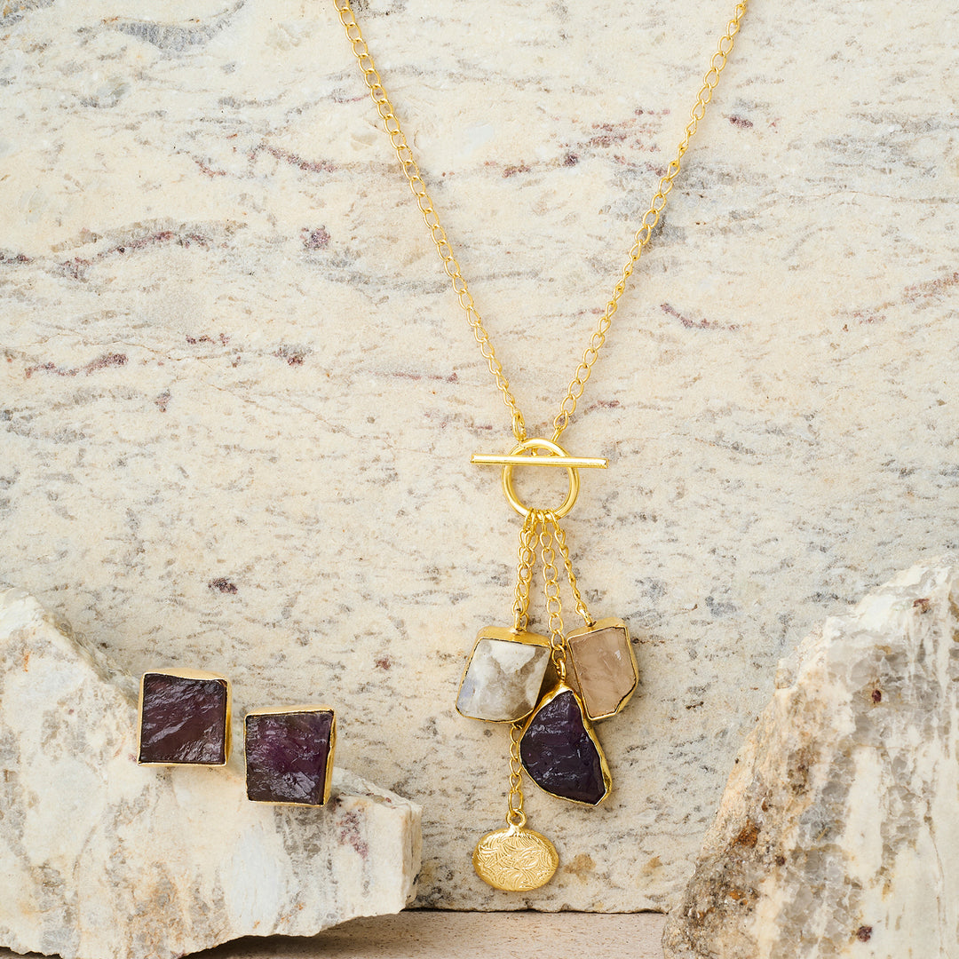 Teejh Zarika White, Pink and Purple Natural Stone Necklace Set