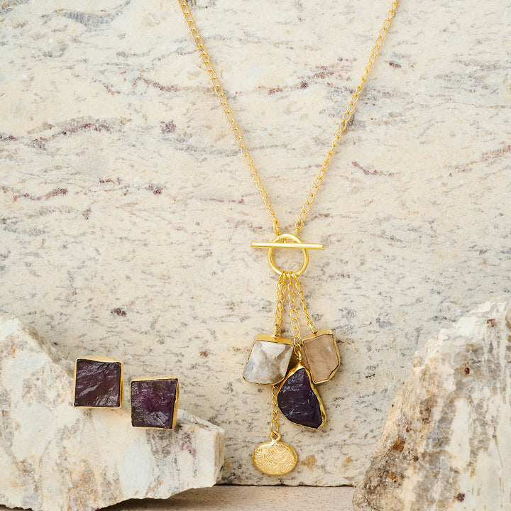 Teejh Zarika White, Pink and Purple Natural Stone Necklace Set