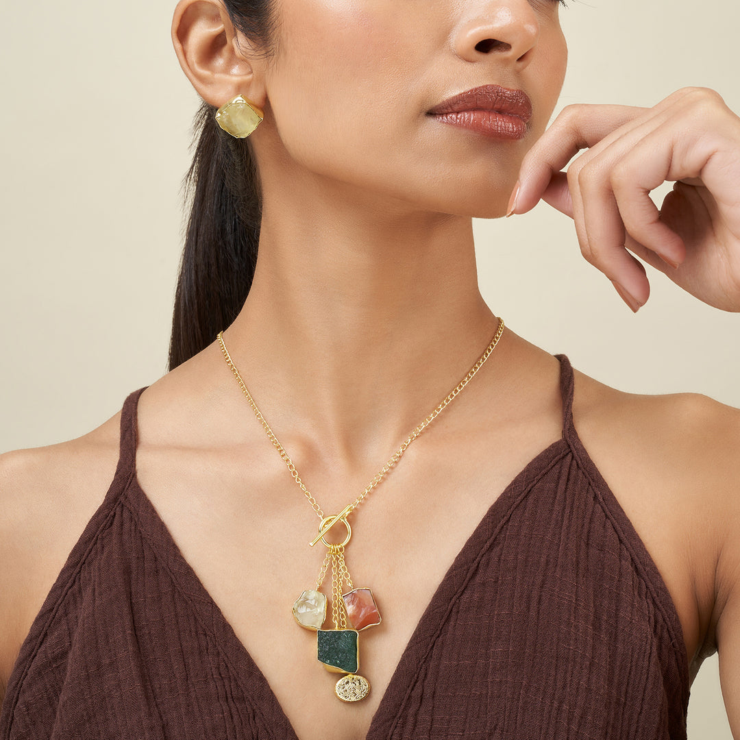 Teejh Zarika Orange,Yellow and Dark Green Natural Stone Necklace Set