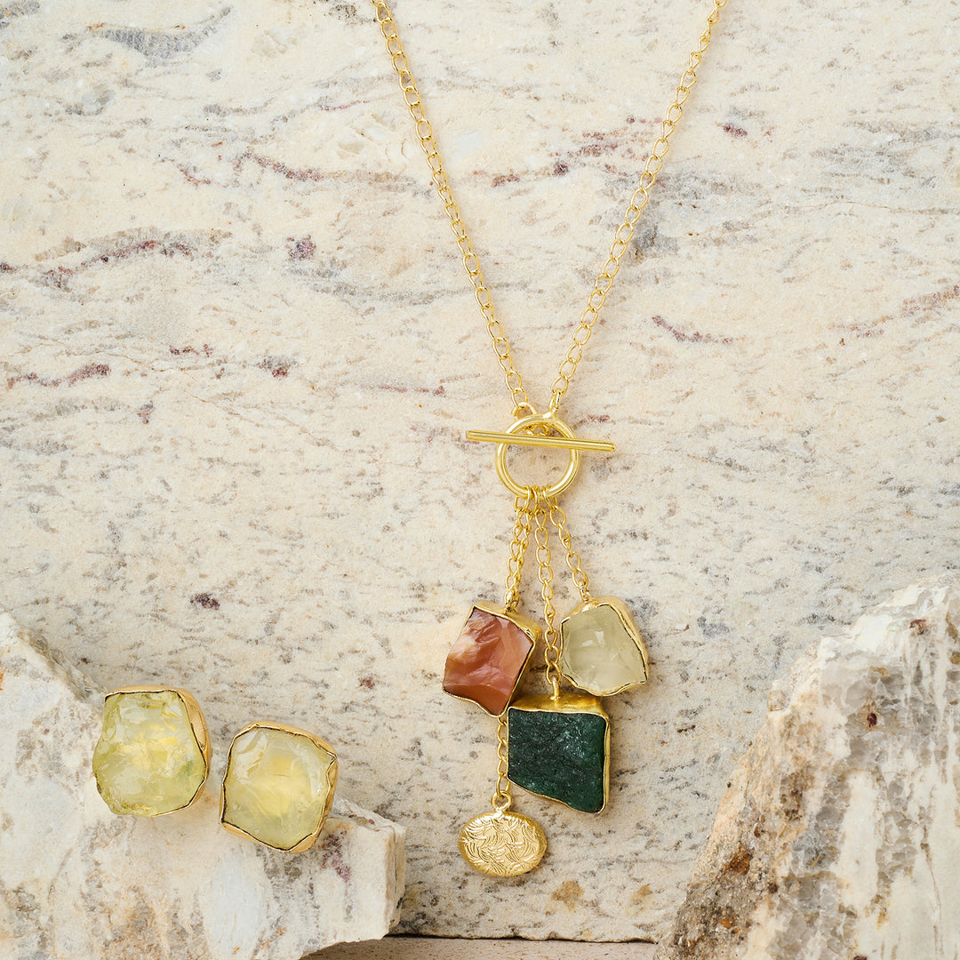Teejh Zarika Orange,Yellow and Dark Green Natural Stone Necklace Set
