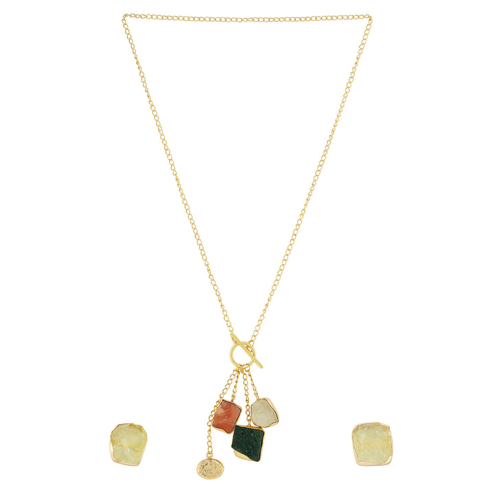 Teejh Zarika Orange,Yellow and Dark Green Natural Stone Necklace Set
