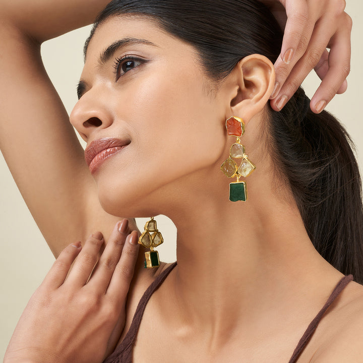 Teejh Aneri Orange Yellow and Dark Green Natural Stone Earrings