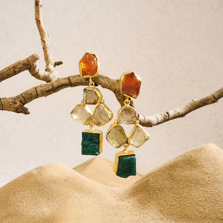 Teejh Aneri Orange Yellow and Dark Green Natural Stone Earrings