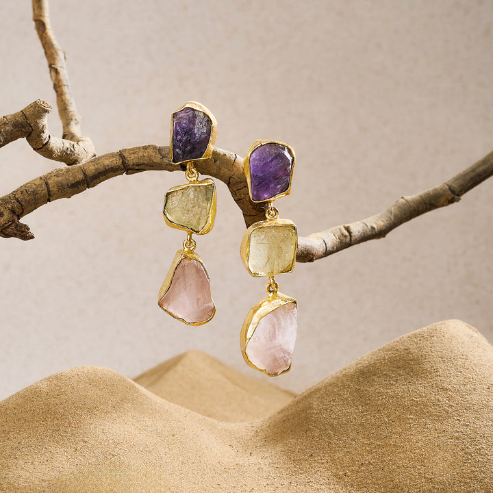 Teejh Kyari Purple Yellow and Pink Natural Stone Danglers
