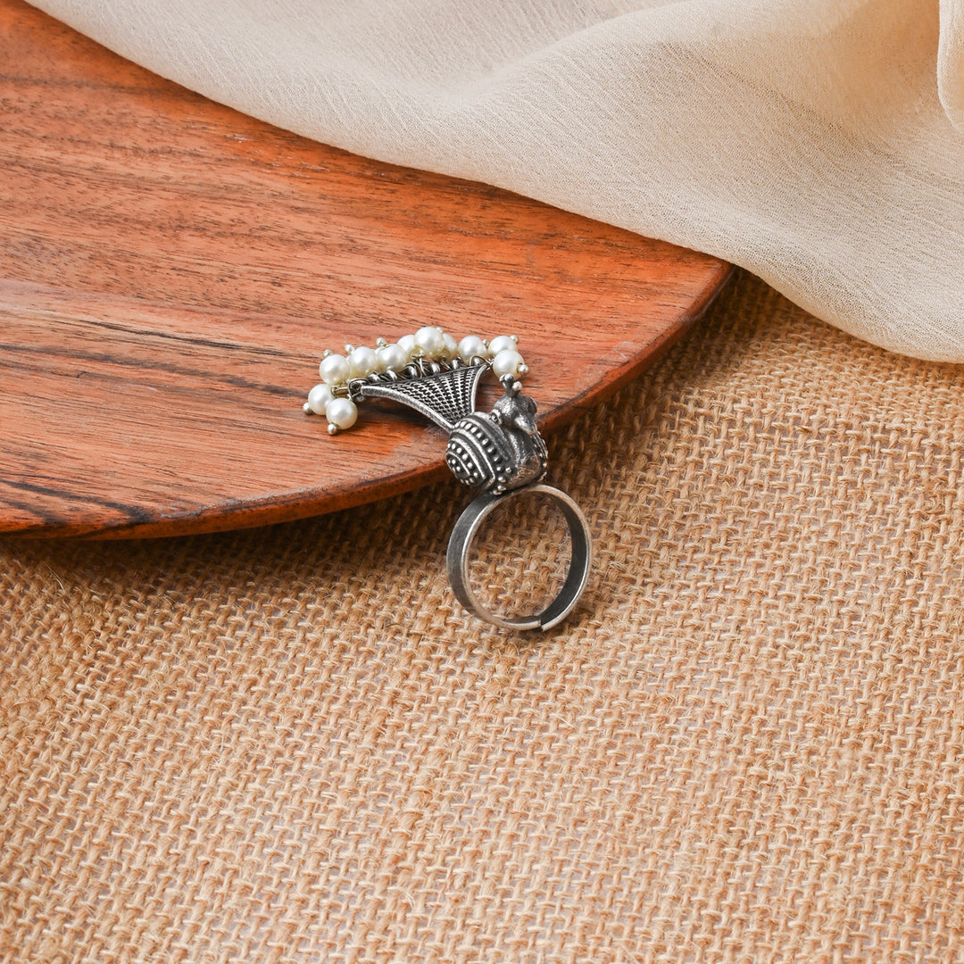 Teejh Sarata Silver Oxidised Pearl Ring