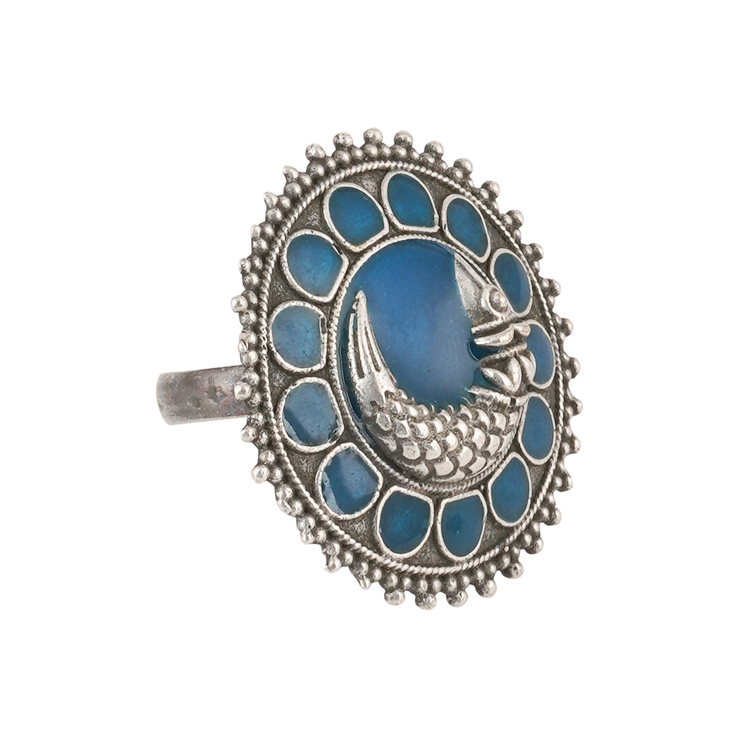 Teejh Zira Silver Oxidised Blue Enamel Ring