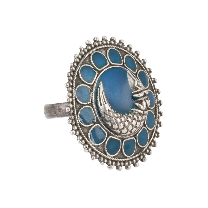 Teejh Zira Silver Oxidised Blue Enamel Ring