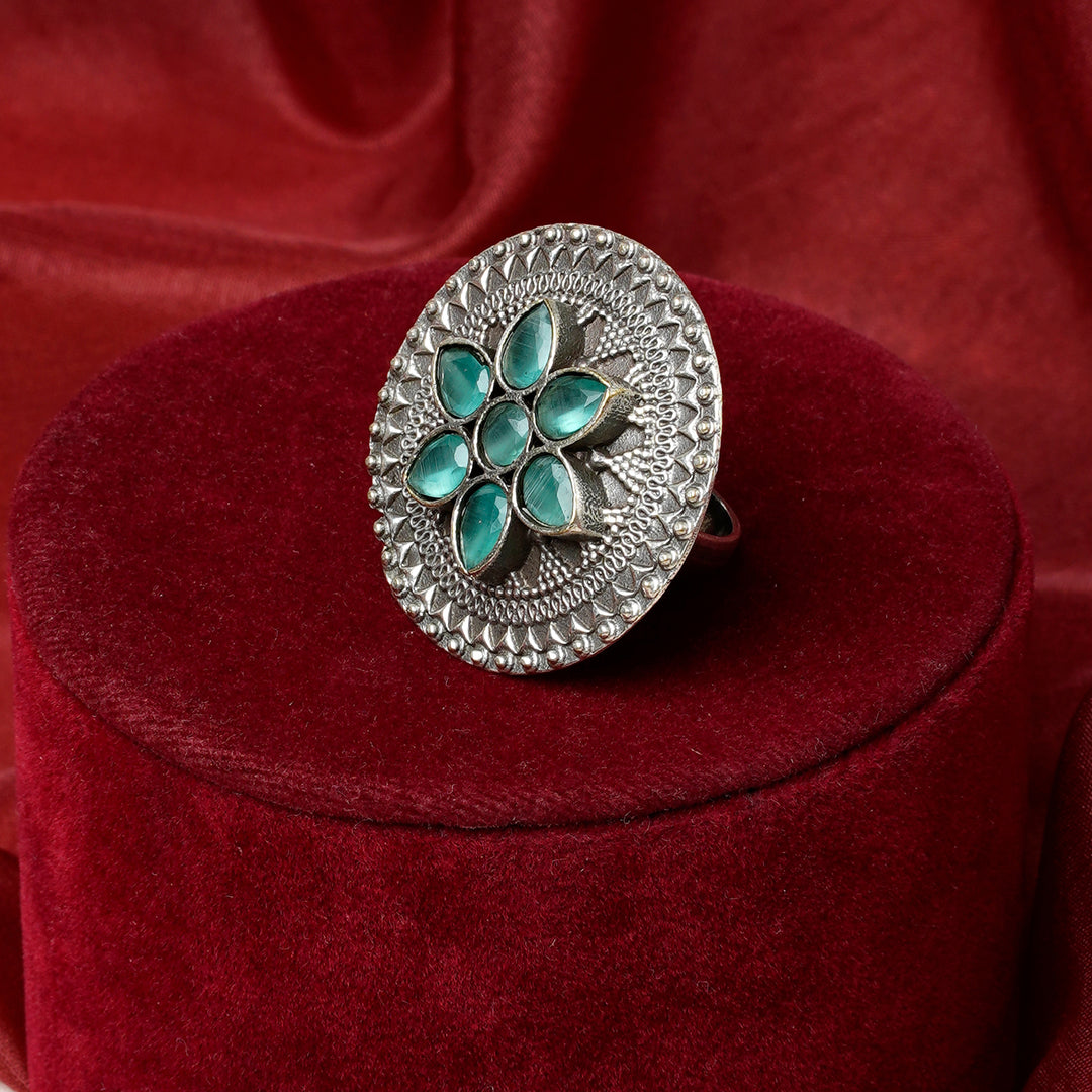 Teejh Diava Silver oxidised Sea Green Stone Ring