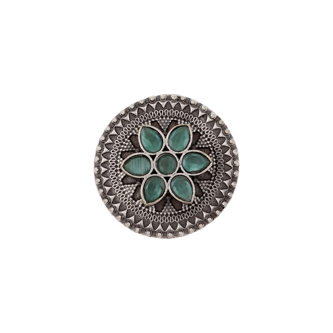 Teejh Diava Silver oxidised Sea Green Stone Ring