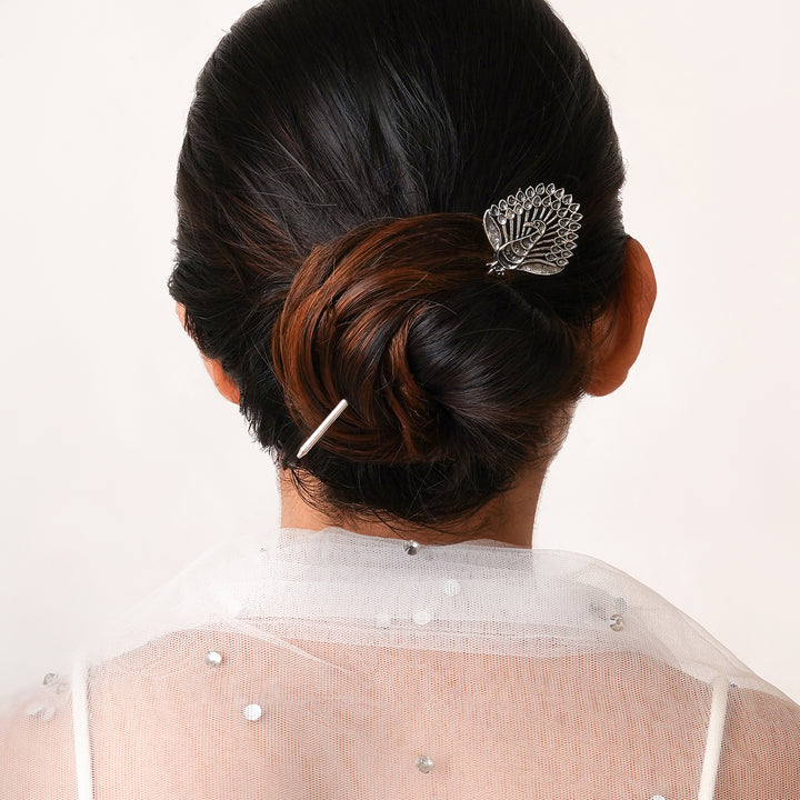 Teejh Morya Silver Oxidised Peacock Juda Pin