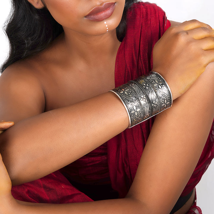 Teejh Yashodhara Silver Oxidised Cuff Bracelet