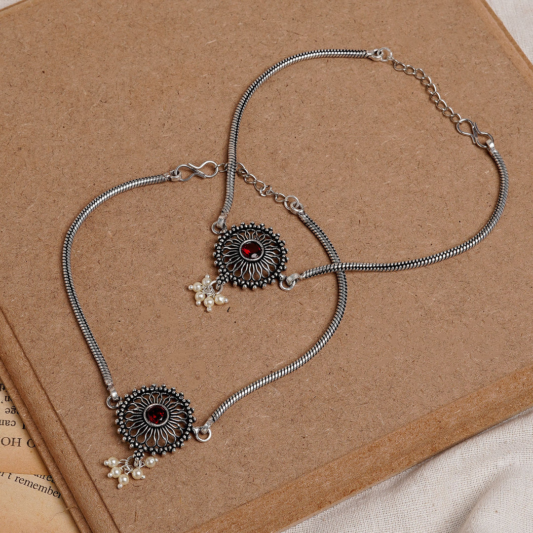 Teejh Vaibhavari Red Silver Oxidised Anklet