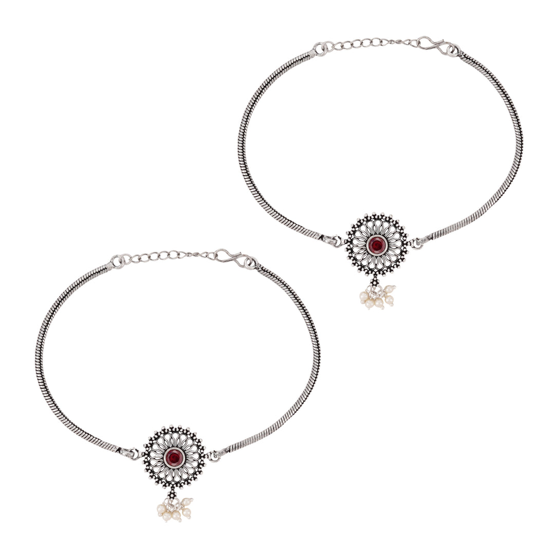 Teejh Vaibhavari Red Silver Oxidised Anklet