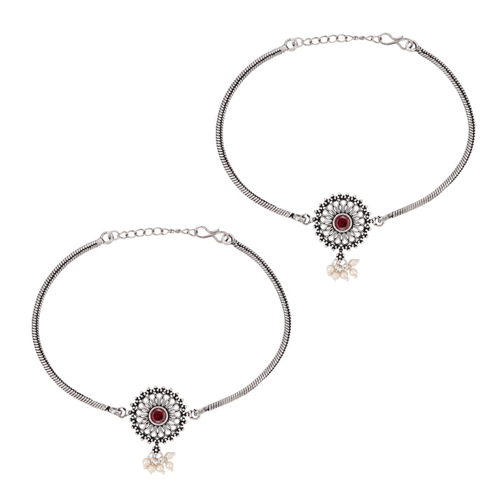 Teejh Vaibhavari Red Silver Oxidised Anklet