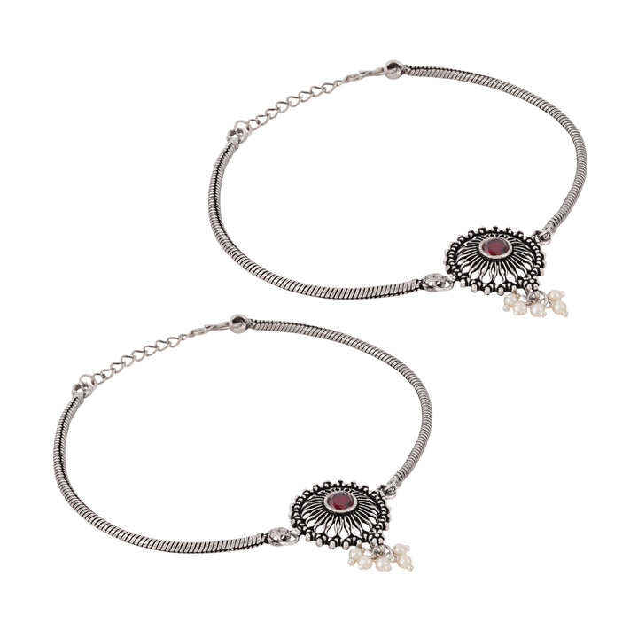Teejh Vaibhavari Red Silver Oxidised Anklet