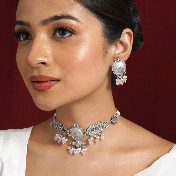 Teejh Cera Silver Oxidised Pastel Pink  Necklace Set