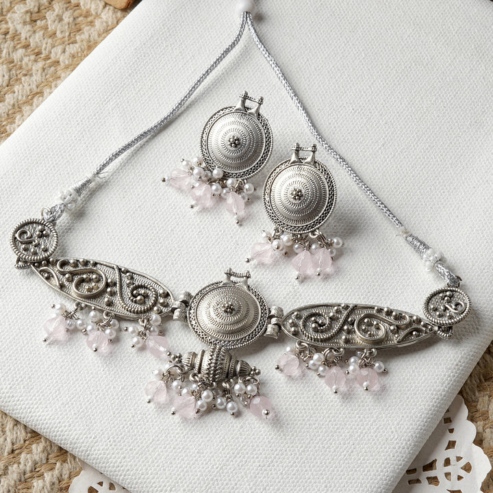 Teejh Cera Silver Oxidised Pastel Pink  Necklace Set