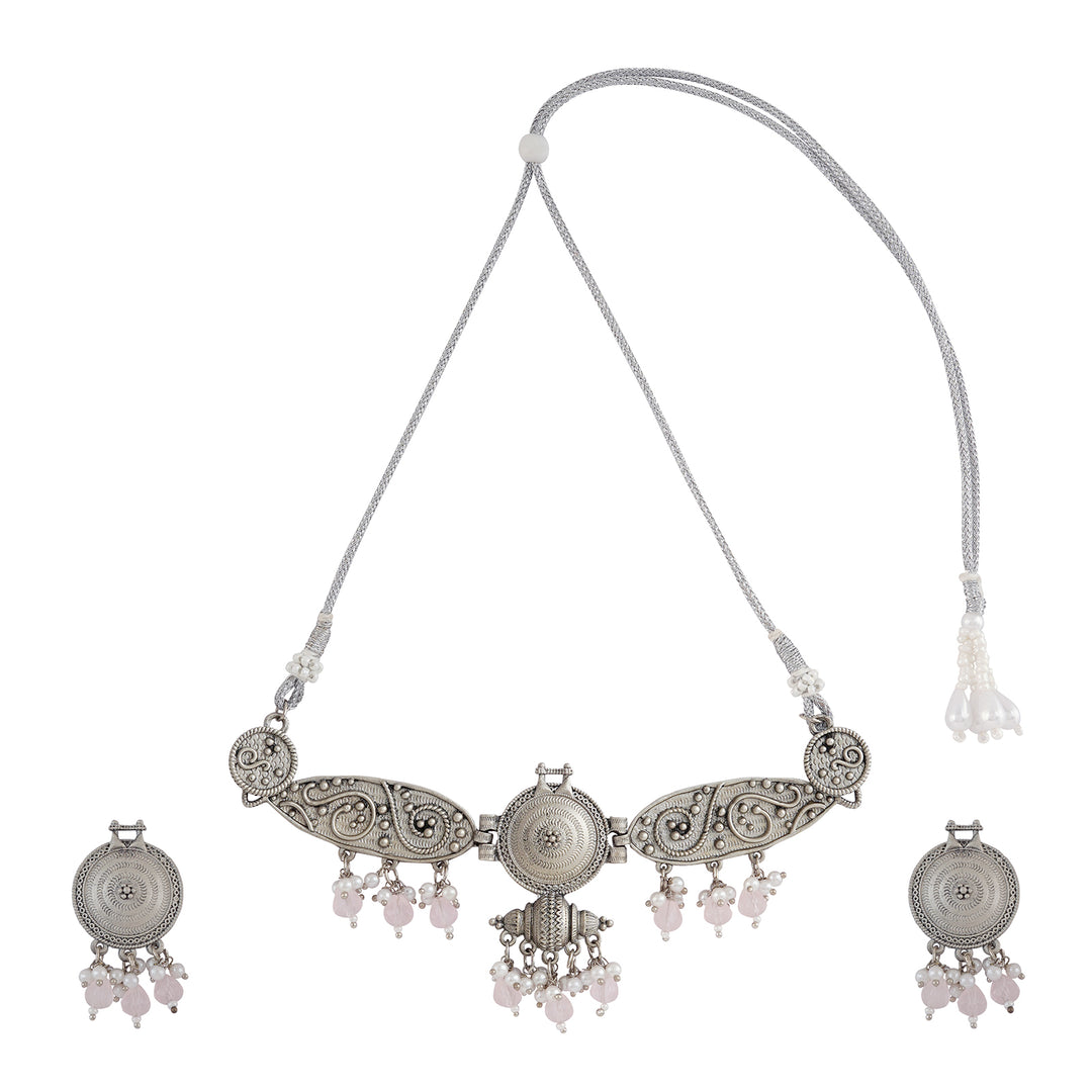 Teejh Cera Silver Oxidised Pastel Pink  Necklace Set