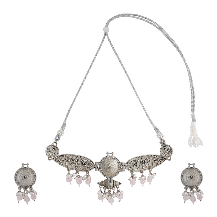 Teejh Cera Silver Oxidised Pastel Pink  Necklace Set