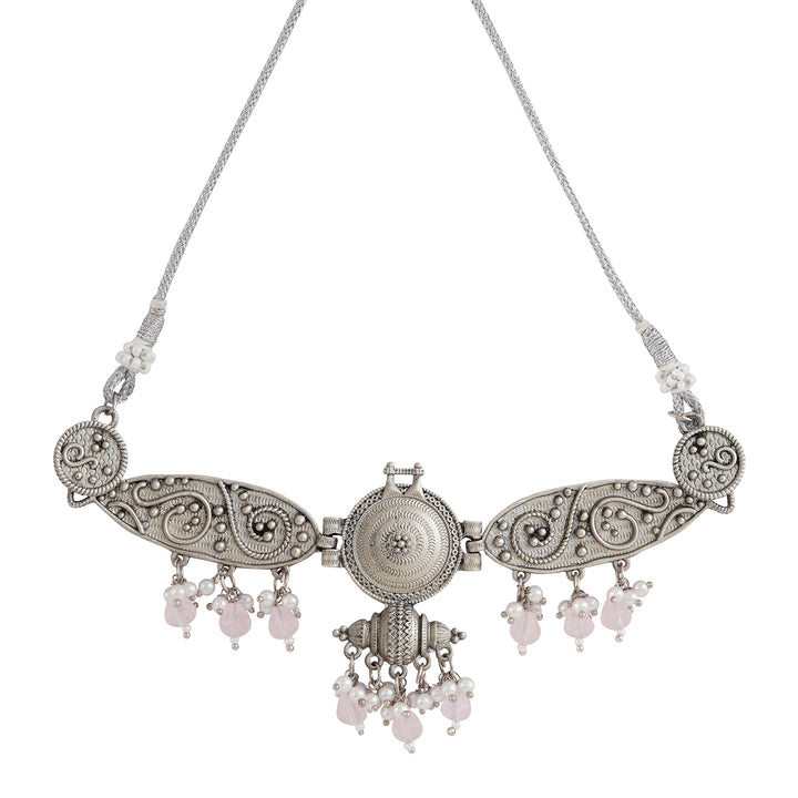 Teejh Cera Silver Oxidised Pastel Pink  Necklace Set