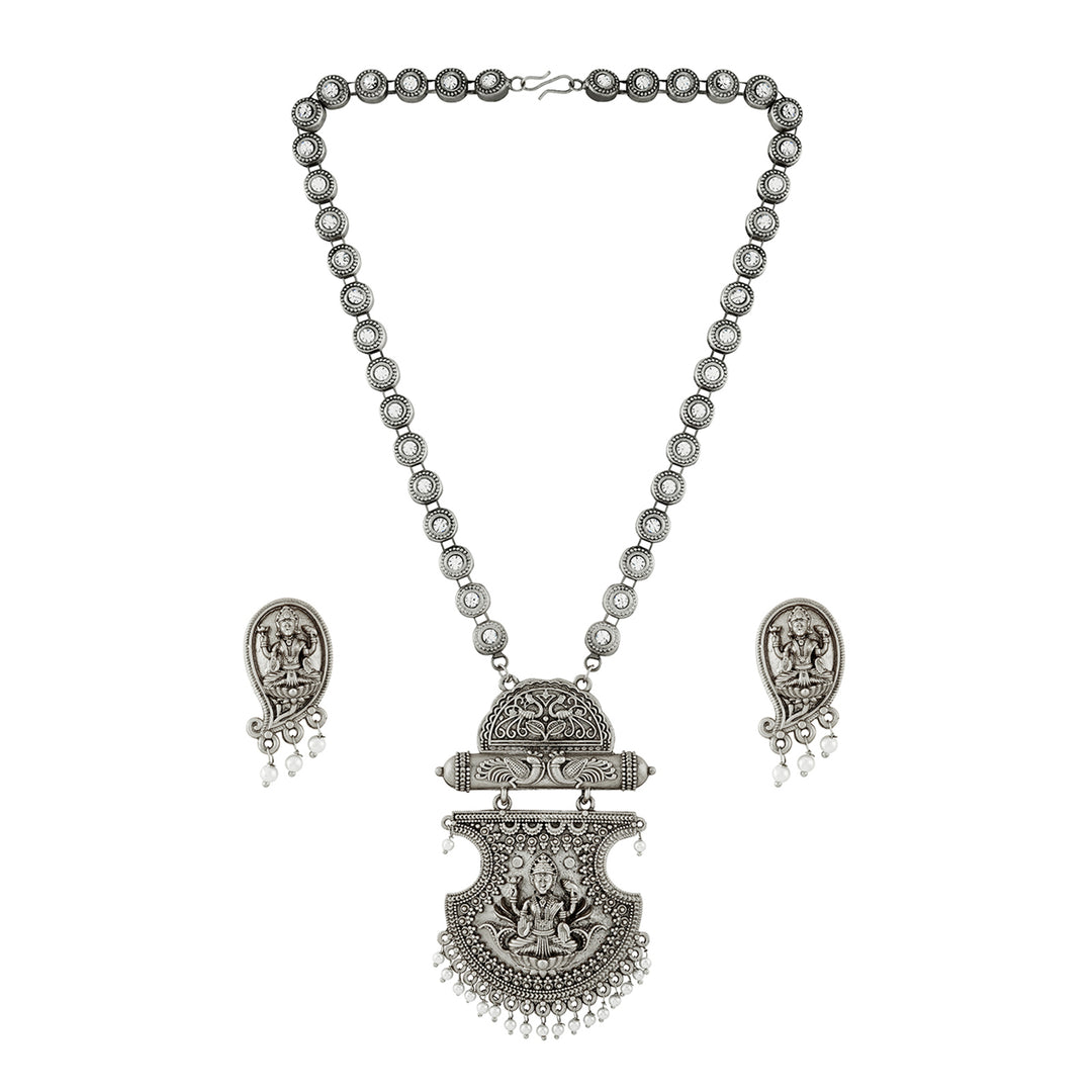 Teejh Maitraka Silver Oxidised White Necklace Set