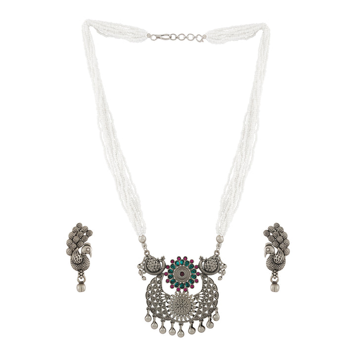 Teejh Maukhari Silver Oxidised Ruby Green Necklace Set
