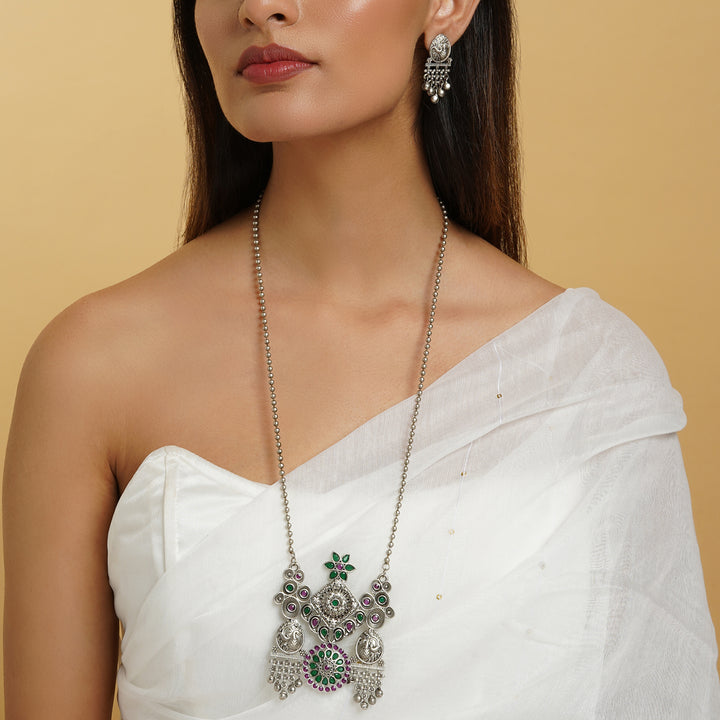 Teejh Nanda Silver Oxidised Ruby Green Necklace Set