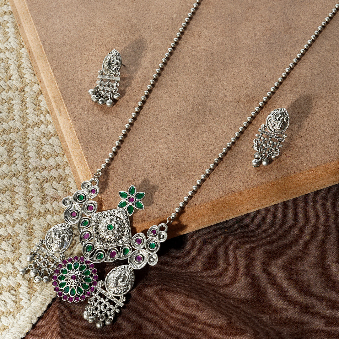Teejh Nanda Silver Oxidised Ruby Green Necklace Set