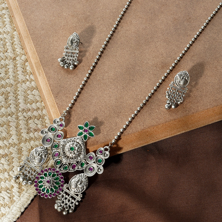 Teejh Nanda Silver Oxidised Ruby Green Necklace Set