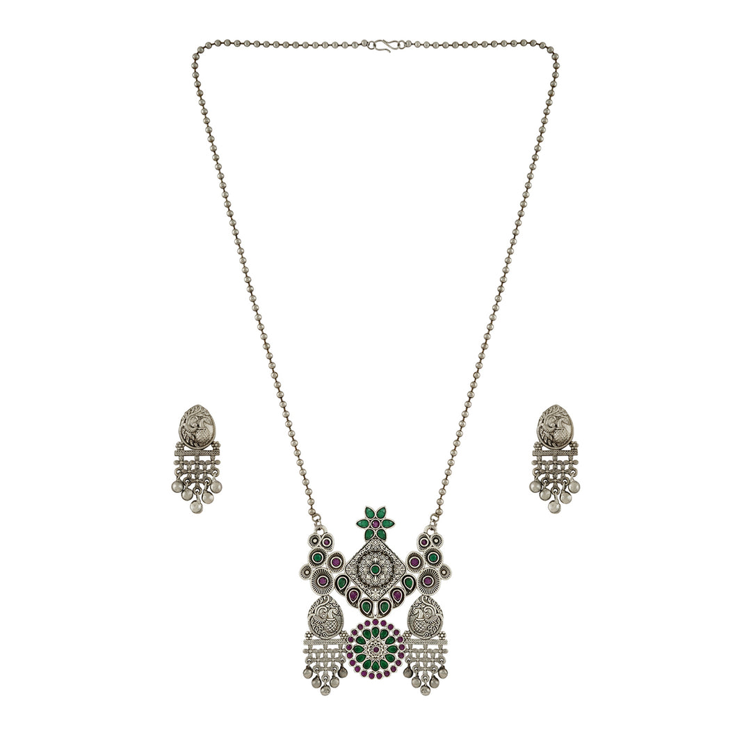 Teejh Nanda Silver Oxidised Ruby Green Necklace Set