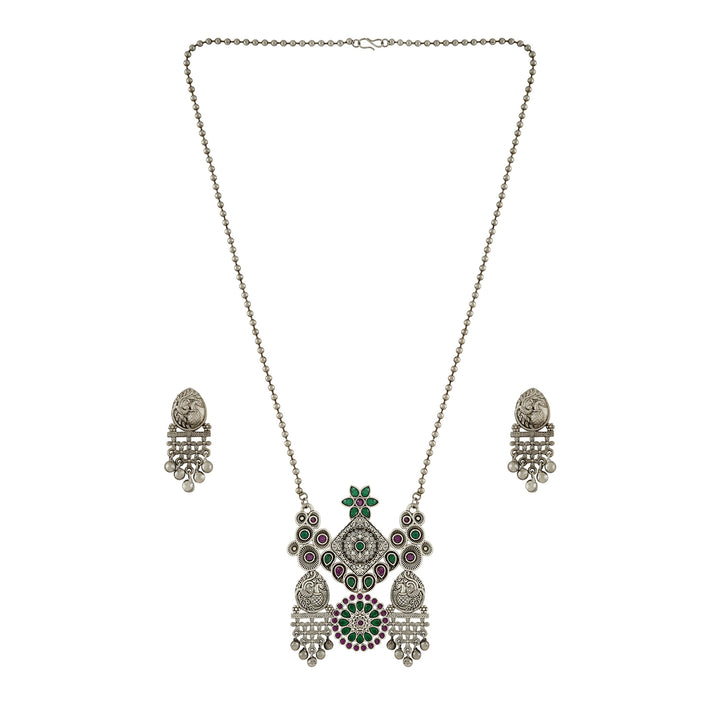 Teejh Nanda Silver Oxidised Ruby Green Necklace Set