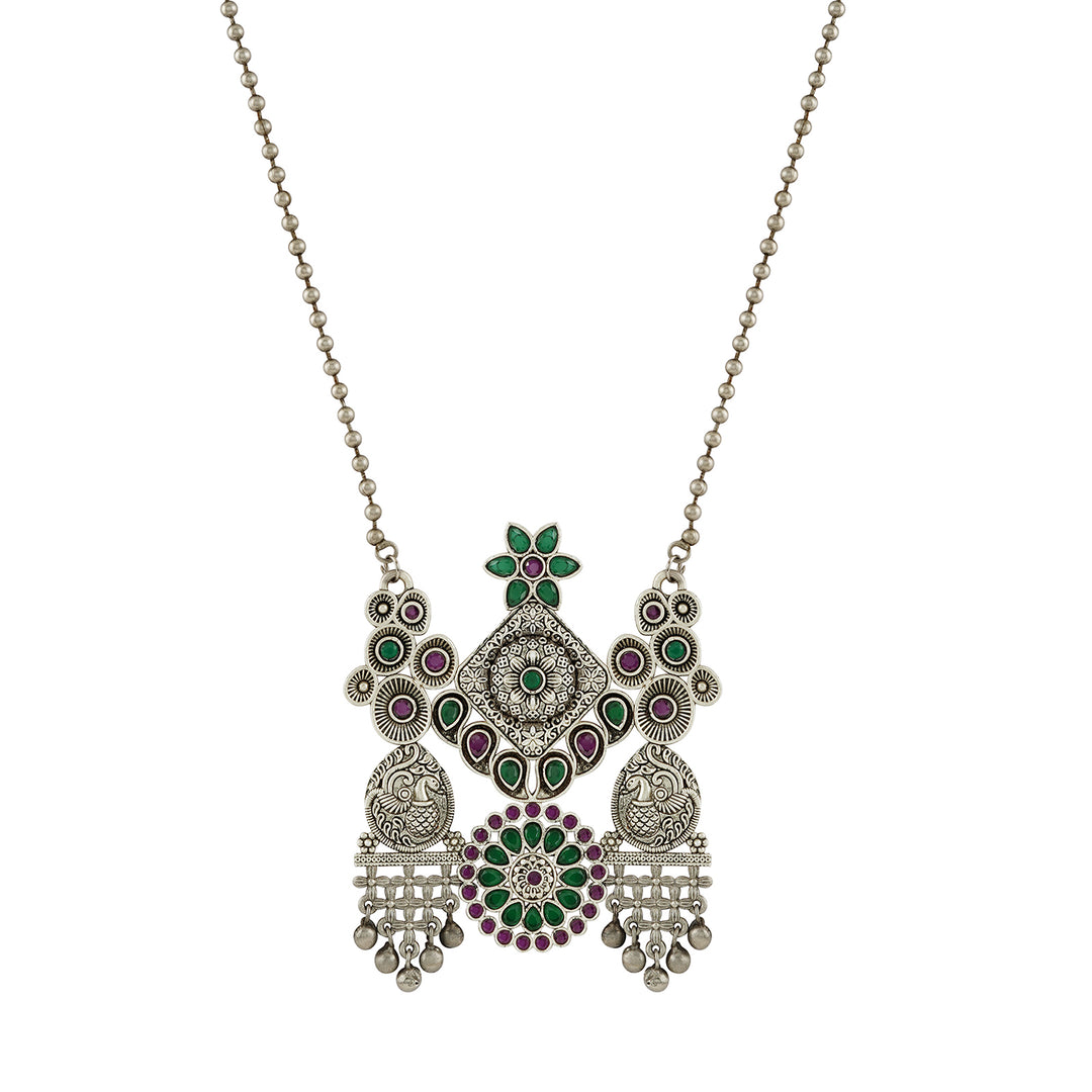 Teejh Nanda Silver Oxidised Ruby Green Necklace Set
