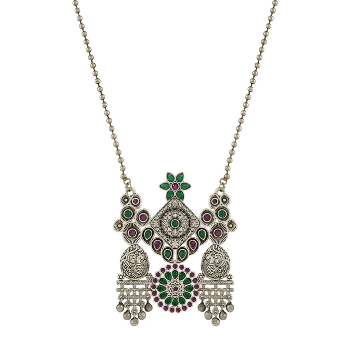 Teejh Nanda Silver Oxidised Ruby Green Necklace Set