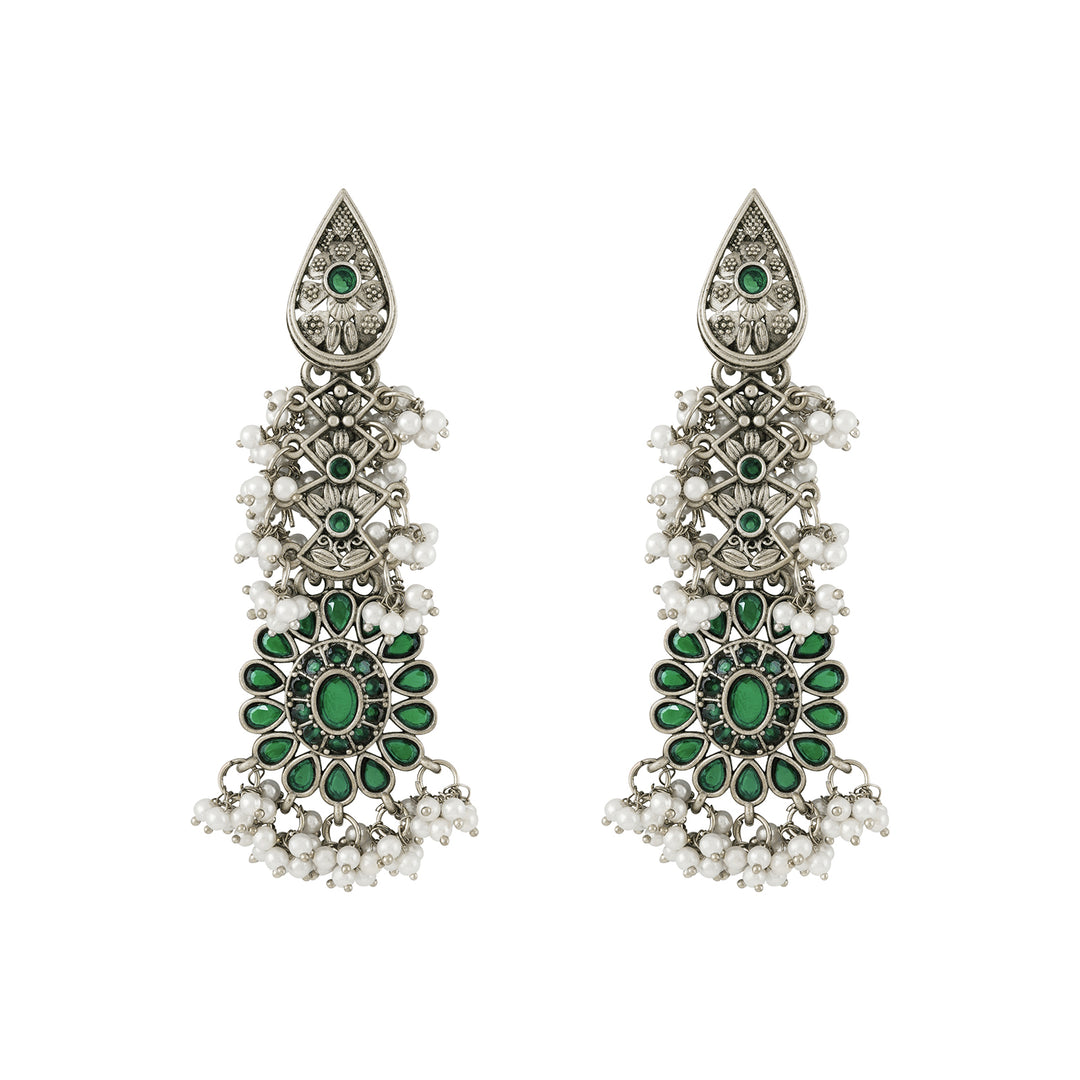Teejh Sindhia Silver Oxidised Green Earrings