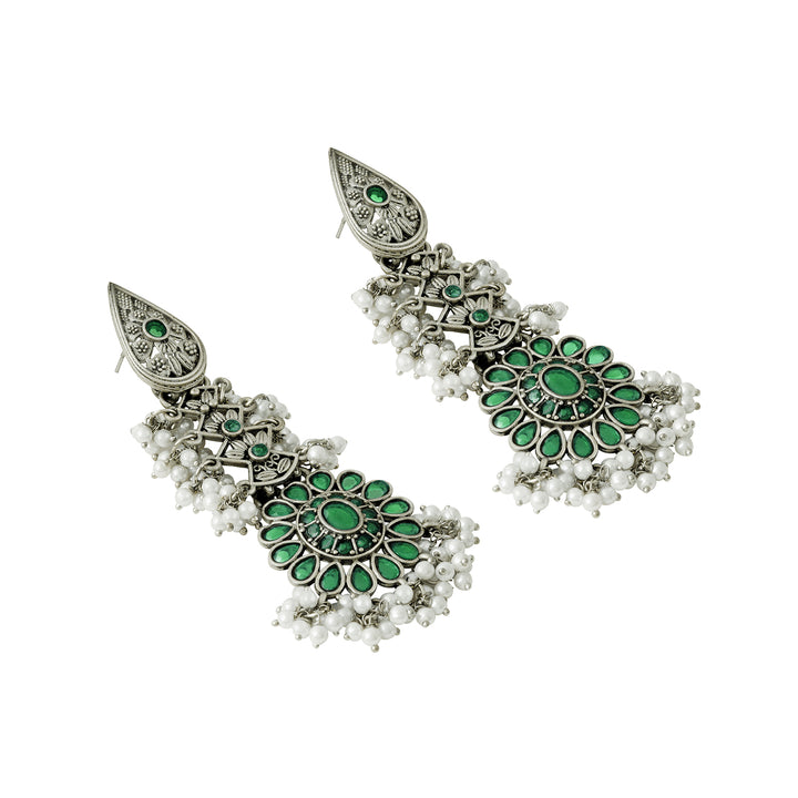 Teejh Sindhia Silver Oxidised Green Earrings